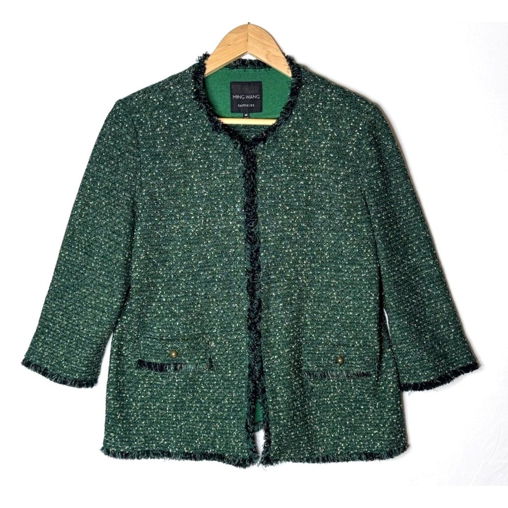 Ming Wang Sapphire Metallic Tweed‎ Knit Fringe Jacket Blazer Career Old Money
